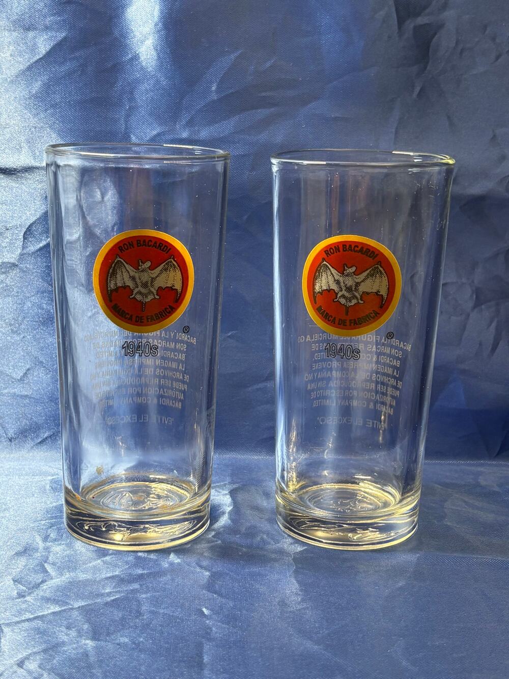 Vintage Pair of Ron Bacardi Highball Glasses Bat Logo on Side and Bottom